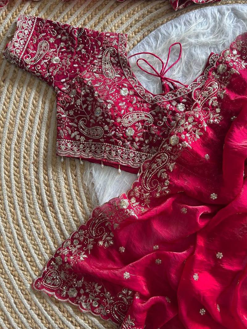 Red Color embroidery sequence work satin silk saree