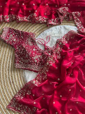 Red Color embroidery sequence work satin silk saree 2