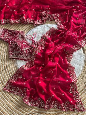 Red Color embroidery sequence work satin silk saree 3