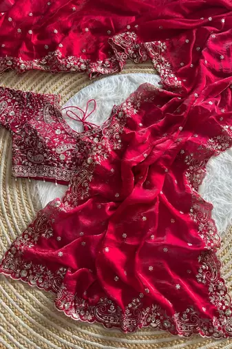 Red Color embroidery sequence work satin silk saree