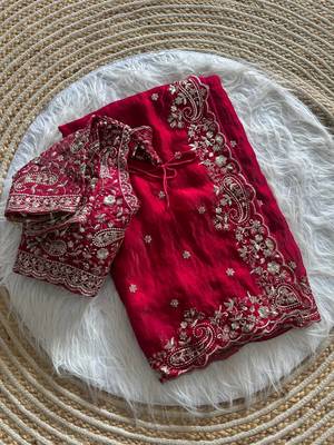 Red Color embroidery sequence work satin silk saree 4