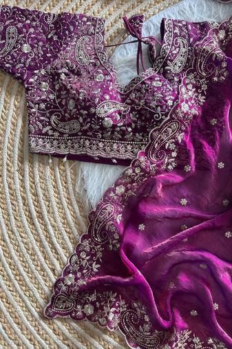 Plum Color embroidery sequence work satin silk saree