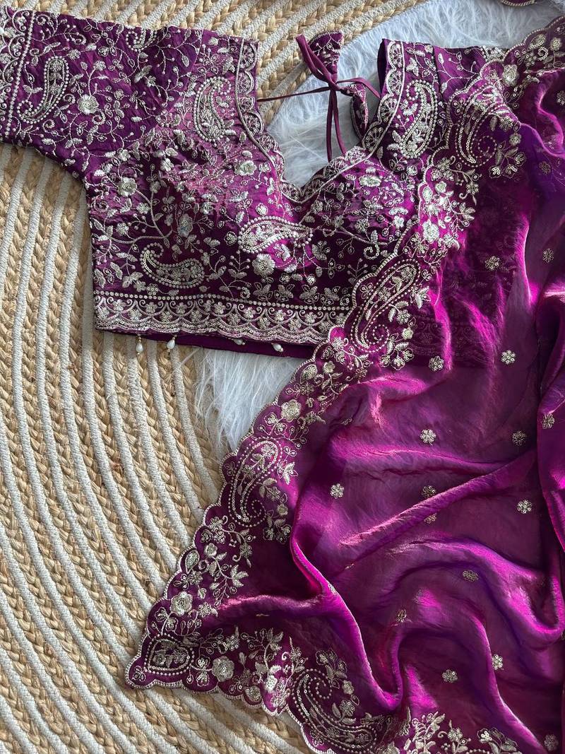 Plum Color embroidery sequence work satin silk saree