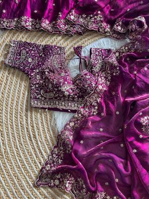 Plum Color embroidery sequence work satin silk saree 2