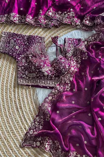 Plum Color embroidery sequence work satin silk saree