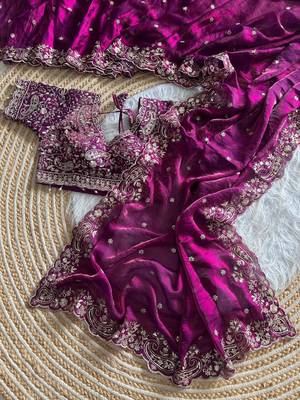 Plum Color embroidery sequence work satin silk saree 3