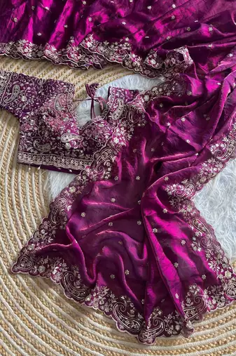 Plum Color embroidery sequence work satin silk saree