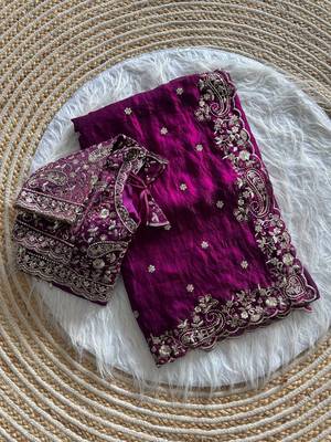 Plum Color embroidery sequence work satin silk saree 4