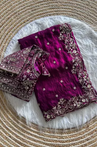 Plum Color embroidery sequence work satin silk saree