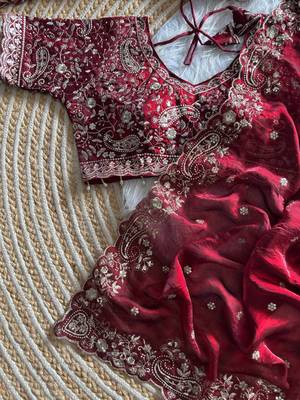 Maroon Color embroidery sequence work sattin silksaree 1