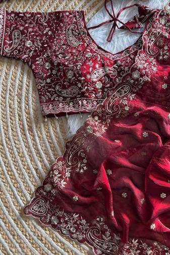 Maroon Color embroidery sequence work sattin silksaree