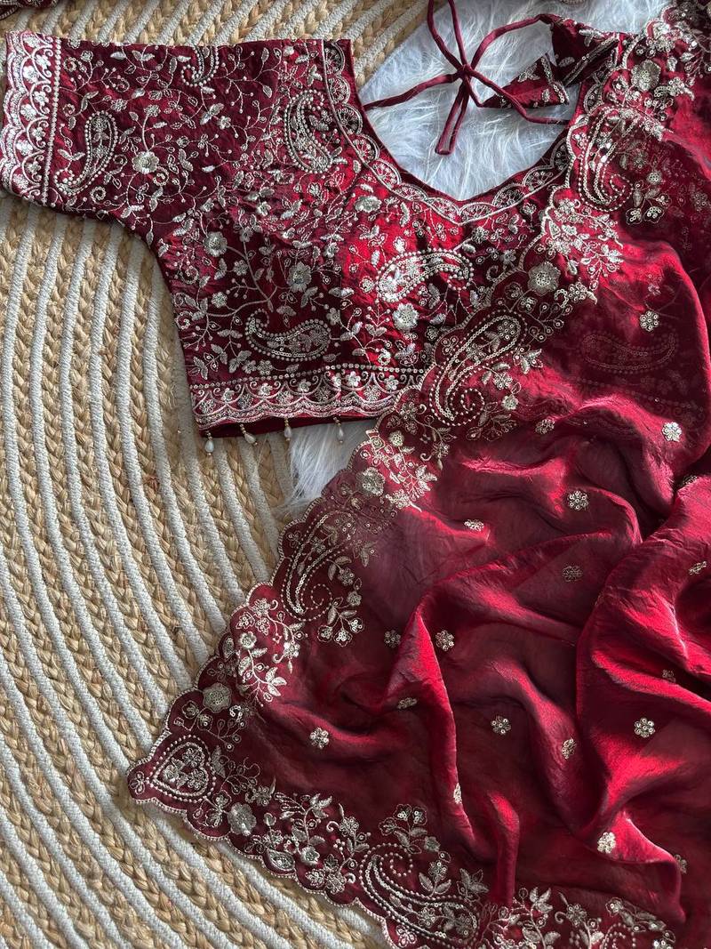 Maroon Color embroidery sequence work sattin silksaree