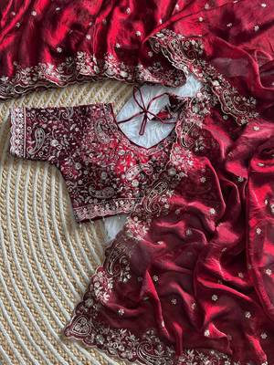 Maroon Color embroidery sequence work sattin silksaree 2