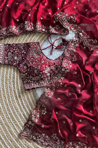Maroon Color embroidery sequence work sattin silksaree