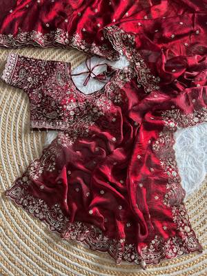Maroon Color embroidery sequence work sattin silksaree 3