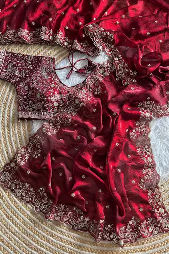Maroon Color embroidery sequence work sattin silksaree