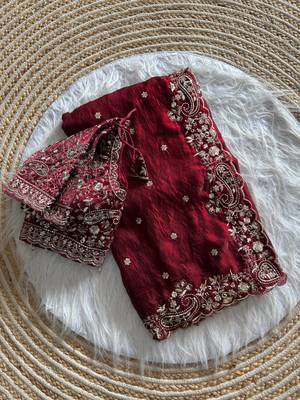 Maroon Color embroidery sequence work sattin silksaree 4