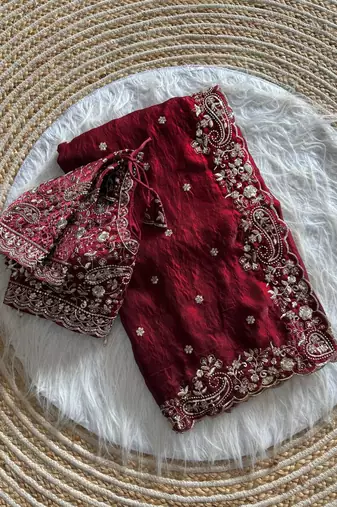 Maroon Color embroidery sequence work sattin silksaree