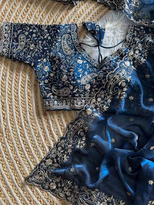 Blue Color embroidery sequence work satin silk saree 1