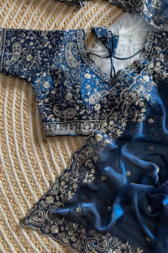 Blue Color embroidery sequence work satin silk saree