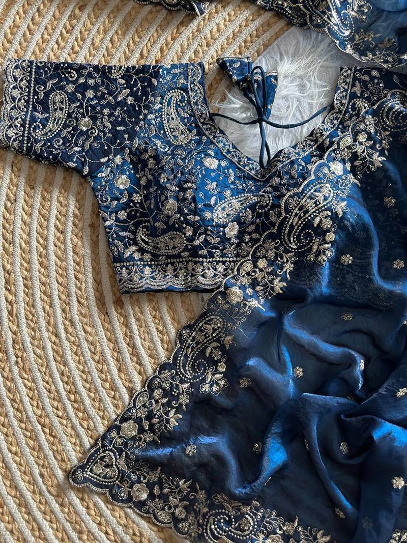Blue Color embroidery sequence work satin silk saree
