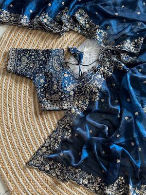 Blue Color embroidery sequence work satin silk saree 2