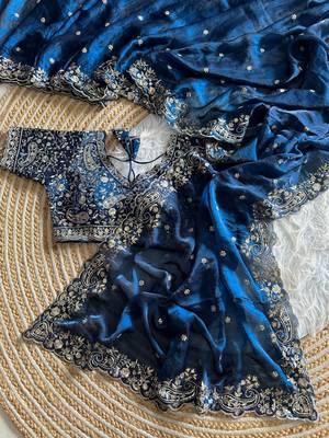 Blue Color embroidery sequence work satin silk saree 3