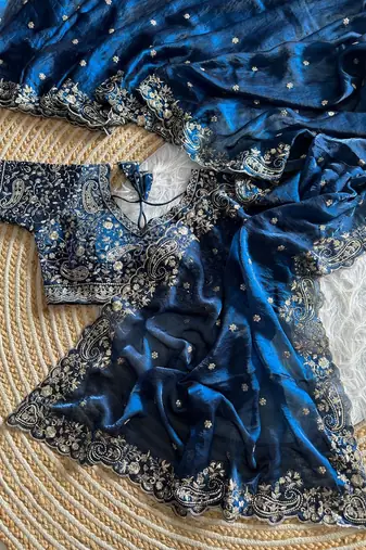 Blue Color embroidery sequence work satin silk saree