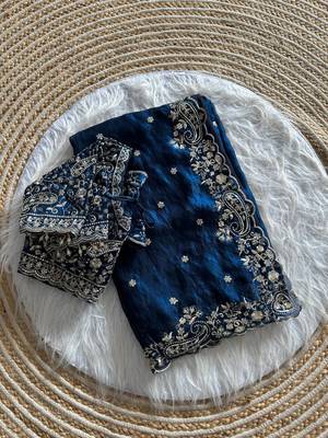 Blue Color embroidery sequence work satin silk saree 4