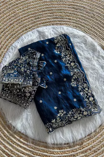 Blue Color embroidery sequence work satin silk saree
