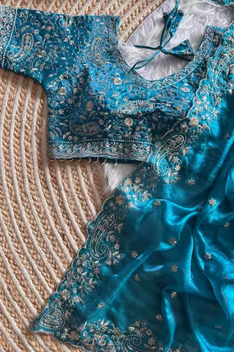 Sky Blue Color embroidery sequence work satin silksaree