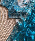 Sky Blue Color embroidery sequence work satin silksaree