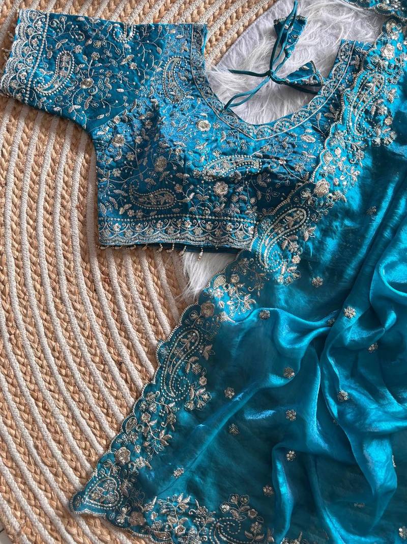 Sky Blue Color embroidery sequence work satin silksaree