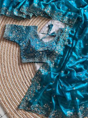 Sky Blue Color embroidery sequence work satin silksaree 2