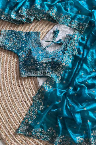 Sky Blue Color embroidery sequence work satin silksaree