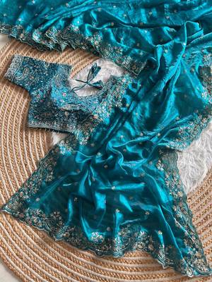 Sky Blue Color embroidery sequence work satin silksaree 3