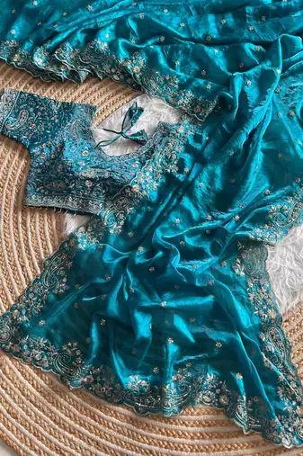 Sky Blue Color embroidery sequence work satin silksaree