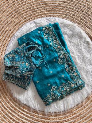 Sky Blue Color embroidery sequence work satin silksaree 4