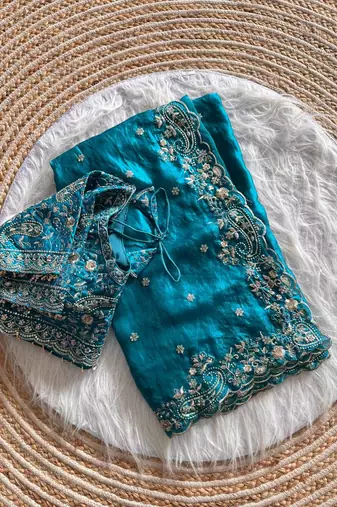 Sky Blue Color embroidery sequence work satin silksaree