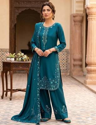 Teal chinon farshi salwar suit with sequin embroidered top & dupatta 1