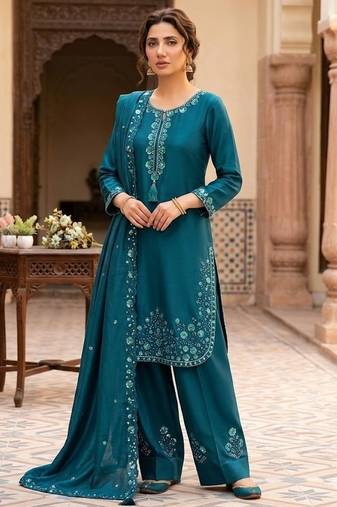 Teal chinon farshi salwar suit with sequin embroidered top & dupatta