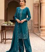 Teal chinon farshi salwar suit with sequin embroidered top & dupatta