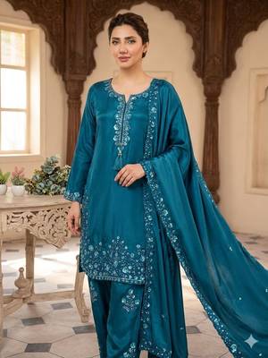 Teal chinon farshi salwar suit with sequin embroidered top & dupatta 2