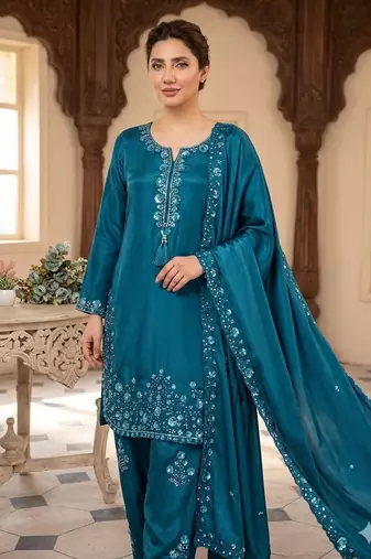 Teal chinon farshi salwar suit with sequin embroidered top & dupatta