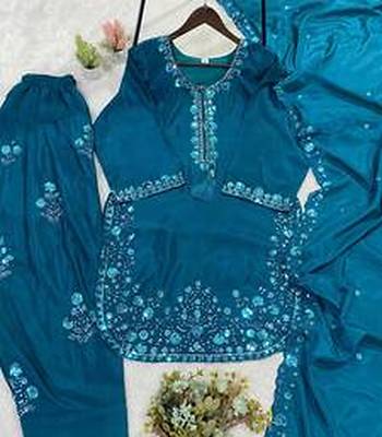 Teal chinon farshi salwar suit with sequin embroidered top & dupatta 3