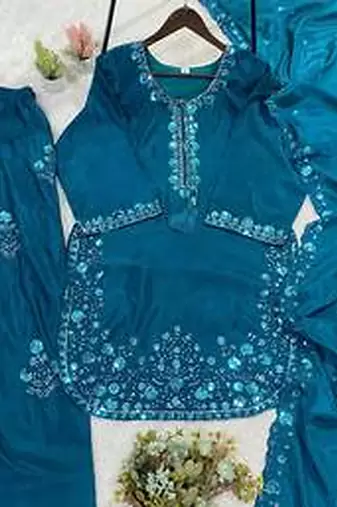 Teal chinon farshi salwar suit with sequin embroidered top & dupatta