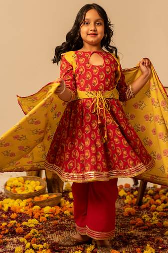 Crimson red printed cotton anarkali set
