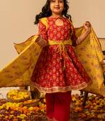 Crimson red printed cotton anarkali set