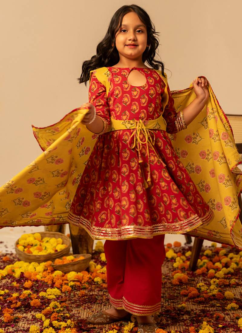 Crimson red printed cotton anarkali set