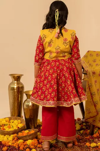 Crimson red printed cotton anarkali set
